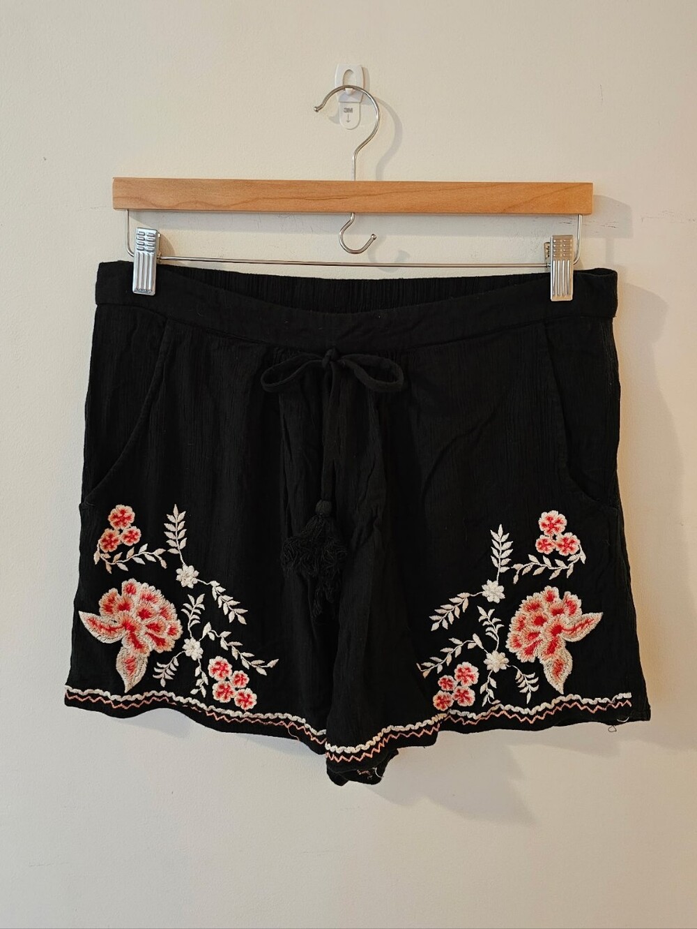 Black Embroidered Floral Shorts